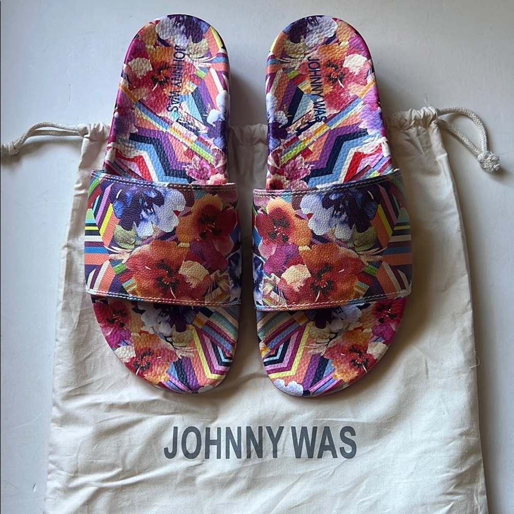 Johnny Was Multicolor Floral & Stripe Slide Sandals - Pink, Purple, Orange, Blue - Picture 2 of 5